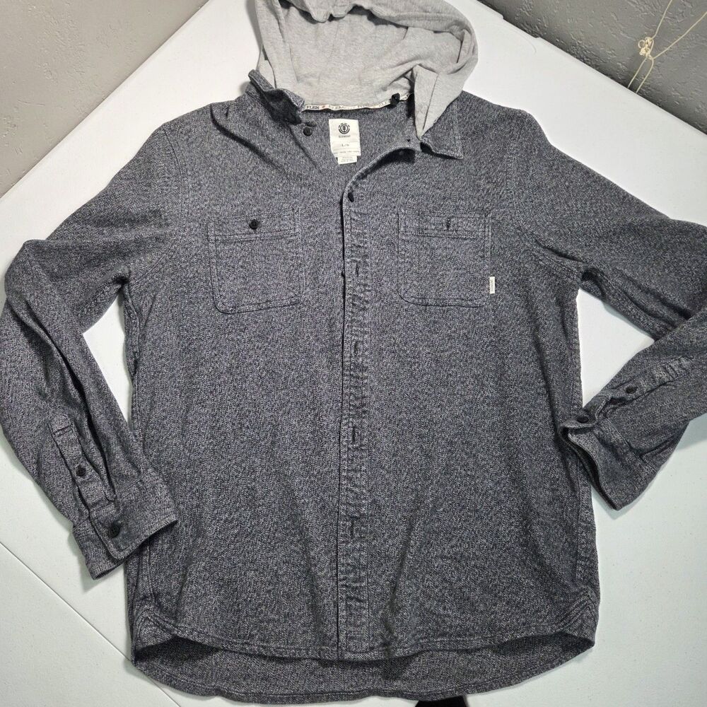 Element Skateboards Hooded Flannel Shirt Mens Large Gray Button Up Stretch